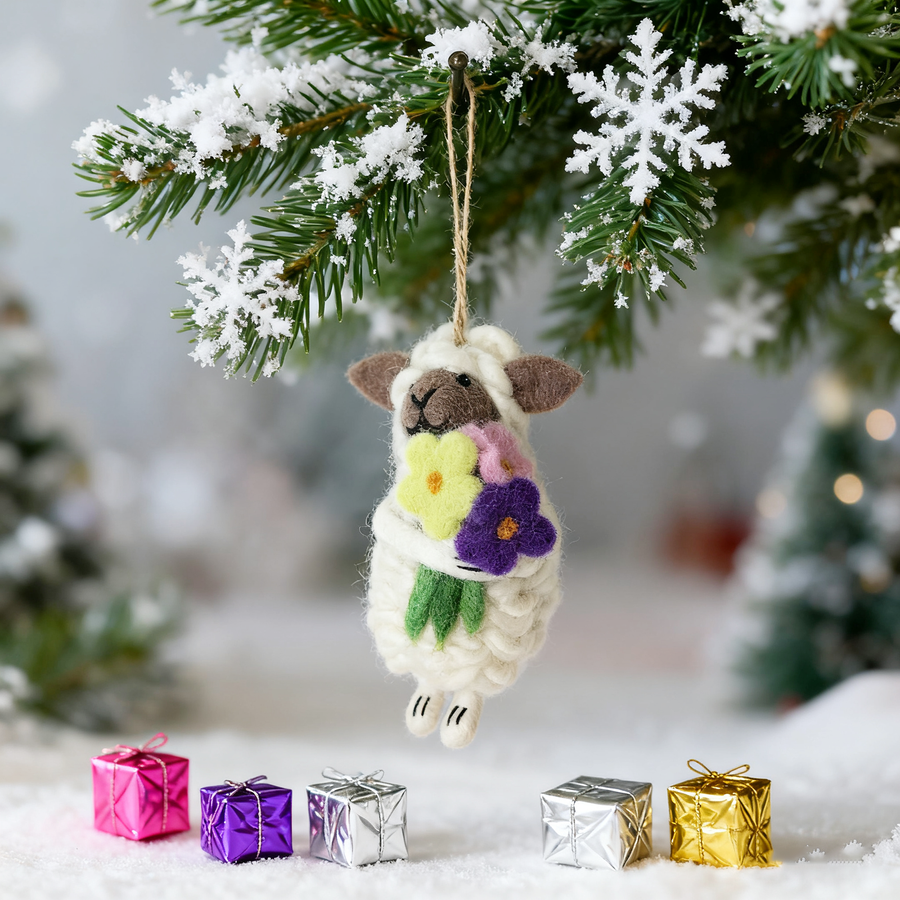 Handmade Wool Felt Sheep Ornament with Flowers