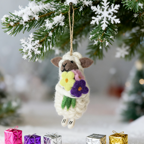 Handmade Wool Felt Sheep Ornament with Flowers